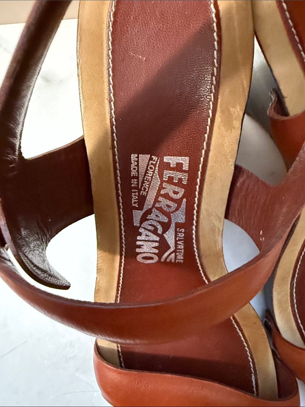 Salvatore Ferragamo Cognac Leather Slingback Sandals - Picture 2 of 13